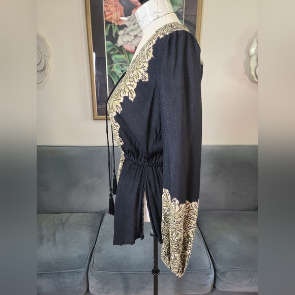 Free People Black Snake Print Boho Lace Up Front Elastic Waist Top - Picture 7 of 12